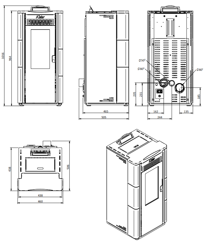 KALOR Pelletofen Michela 12C Maßzeichnung | klimaworld.com