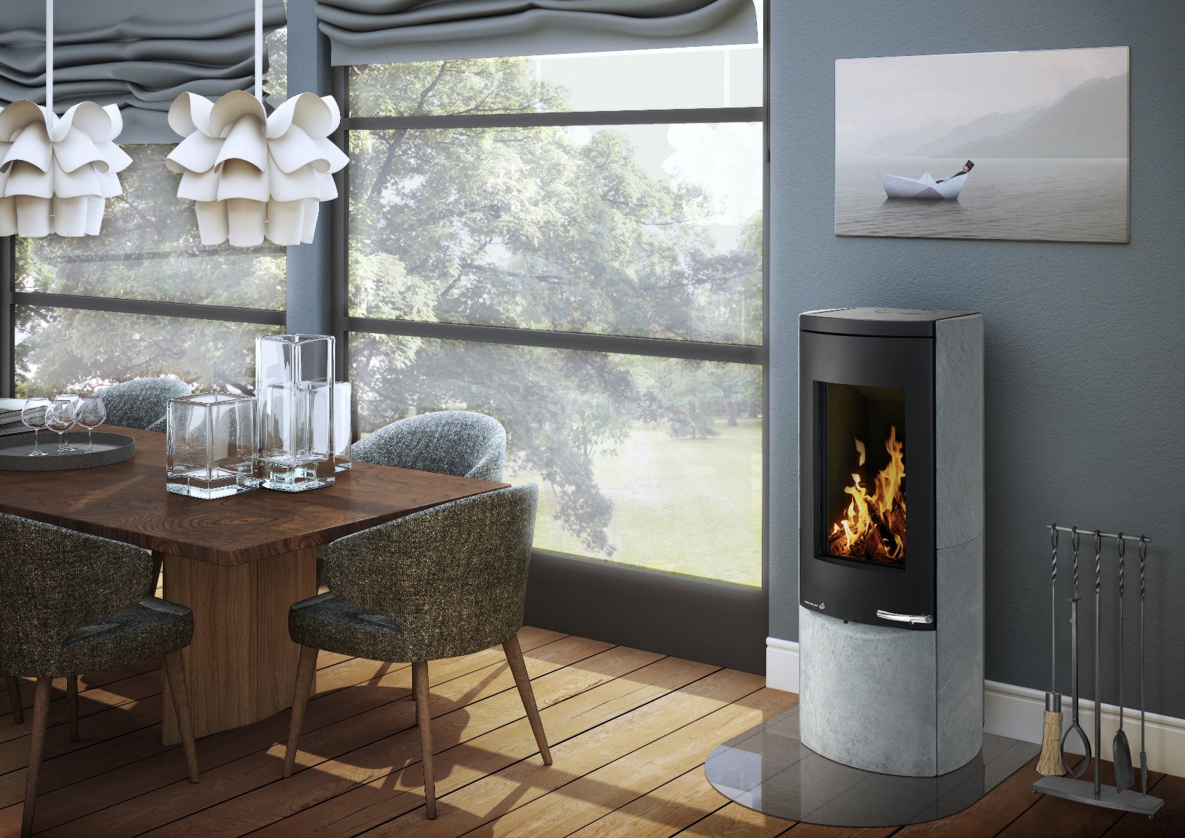 Kaminofen Myra Naturstein Serpentino schwarz Ambiente | Klimaworld.com