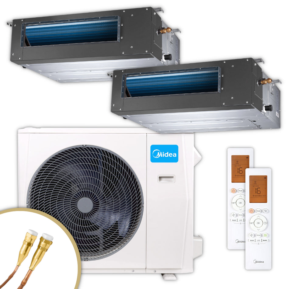 MIDEA Komplett-Set bestehend aus zwei Kanaleinbaugeraeten, einer Ausseneinheit und zwei Fernbedienungen mit Display-Beispiel 16°C | klimaworld.com