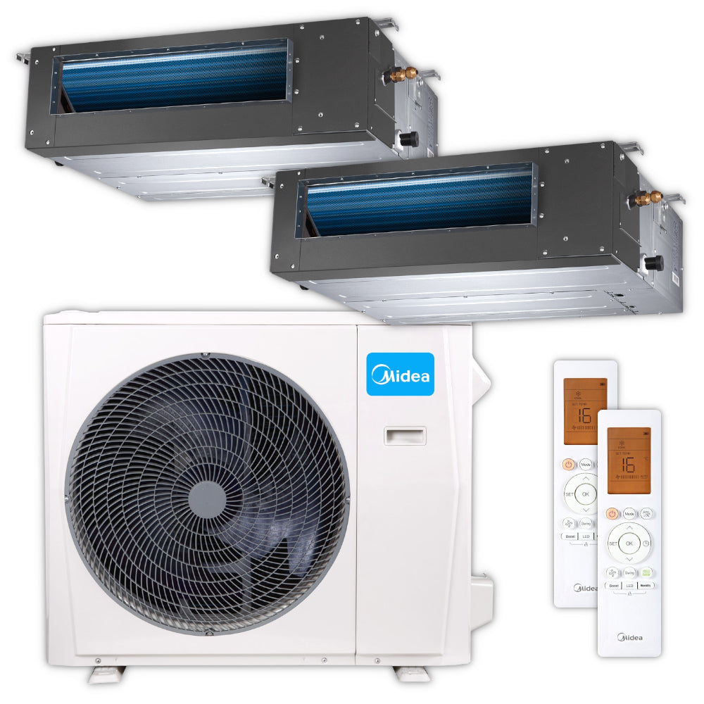 MIDEA Komplett-Set bestehend aus zwei Kanaleinbaugeraeten, einer Ausseneinheit und zwei Fernbedienungen mit Display-Beispiel 16°C | klimaworld.com