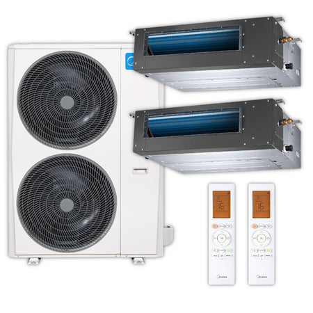 MIDEA Komplett-Set bestehend aus zwei Kanaleinbaugeraeten, einer Ausseneinheit und zwei Fernbedienungen mit Display-Beispiel 16°C | klimaworld.com