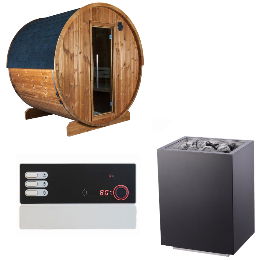 Sentiotec Sauna Set Fasssauna Kaski 180 Panorama mit Saunaofen Home FIN und Steuerung Pro B2 | klimaworld.com
