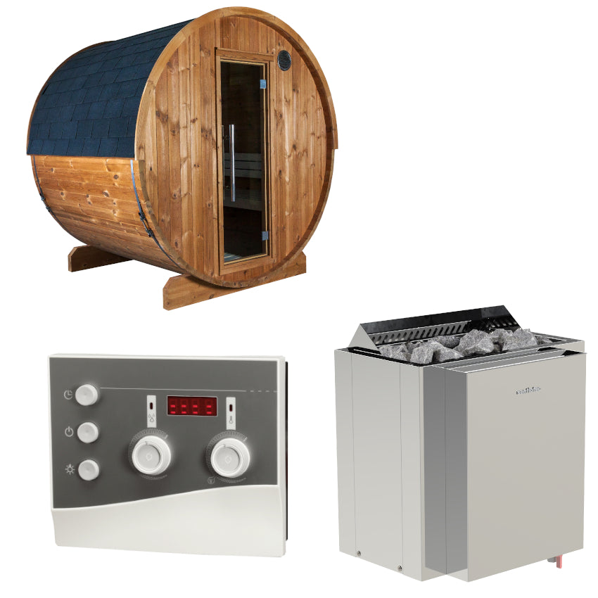 Sentiotec Sauna Set Fasssauna Kaski 180 Panorama mit Saunaofen Viking Combi und Steuerung K3-Next | klimaworld.com