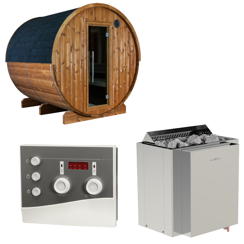 Sentiotec Sauna Set Kaski 220 Panorama mit Saunaofen Viking Combi und Steuerung K3-Next | klimaworld.com