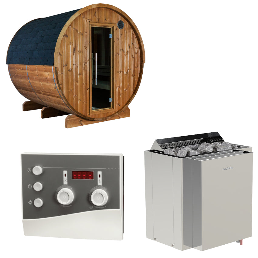 Sentiotec Sauna Set Fasssauna Kaski 220 View mit Saunaofen Viking Combi und Steuerung K3-Next | klimaworld.com
