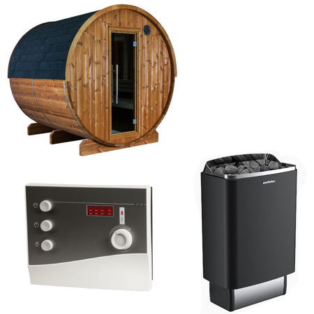 Sentiotec Sauna Set Fasssauna Kaski 220 View mit Saunaofen 100 E und Steuerung K2-Next | klimaworld.com