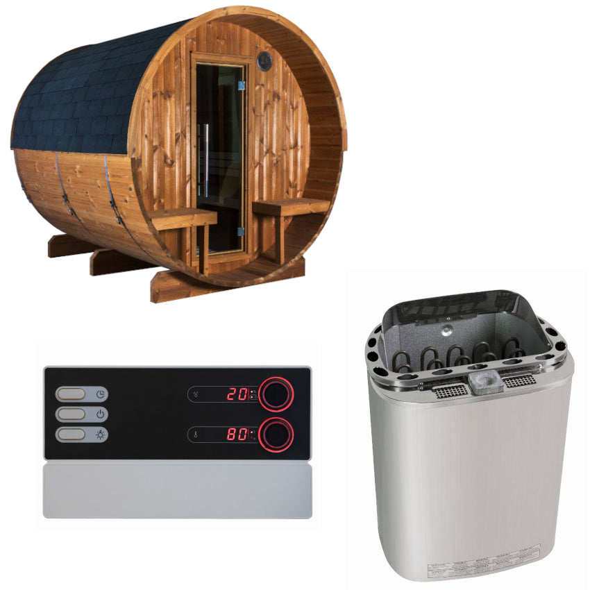 Sentiotec Sauna Set Kaski 240 Panorama mit Saunaofen Scandia Next Combi und Saunaofen Pro B3 | klimaworld.com