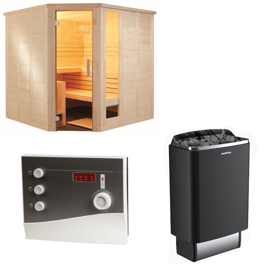 Sentiotec Sauna Set Komfort Corner mit Saunaofen 100 E und Steuerung K2-Next | klimaworld.com