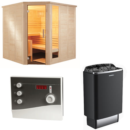 Sentiotec Sauna Set Komfort Corner mit Saunaofen 100 E und Steuerung K2-Next | klimaworld.com
