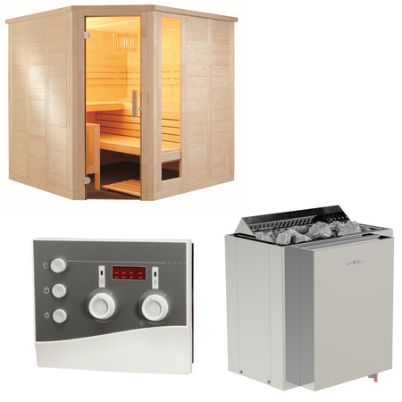 Sentiotec Sauna Set Komfort Corner mit Saunaofen Viking Combi und Steuerung K3-Next | klimaworld.com