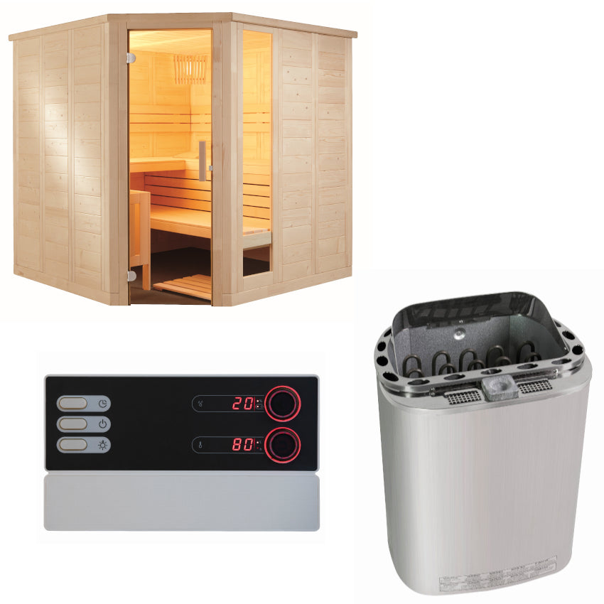 Sentiotec Sauna Set Komfort Corner mit Saunaofen Scandia Next Combi und Steuerung Pro B3 | klimaworld.com