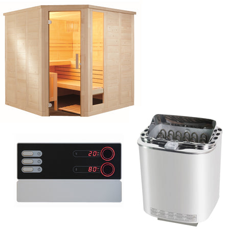 Sentiotec Sauna Set Komfort Corner mit Saunaofen Nordex Combi Next und Saunasteuerung Pro B3 | klimaworld.com
