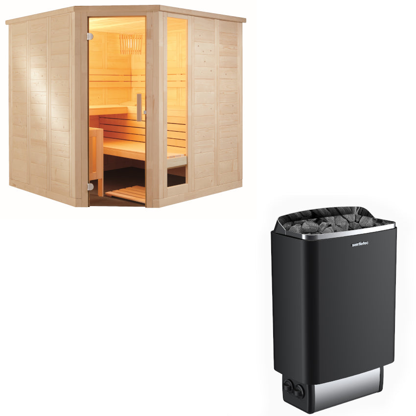 Sentiotec Sauna Set Komfort Corner mit Saunaofen 100 inkl. Steuerung | klimaworld.com