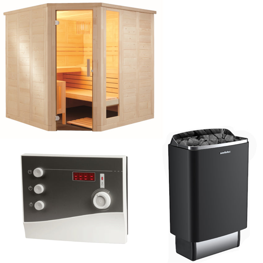 Sentiotec Sauna Set Komfort Corner Large mit Saunaofen 100 E und Steuerung K2-Next | klimaworld.com