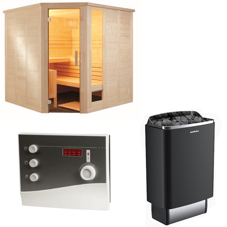 Sentiotec Sauna Set Komfort Corner Large mit Saunaofen 100 E und Steuerung K2-Next | klimaworld.com