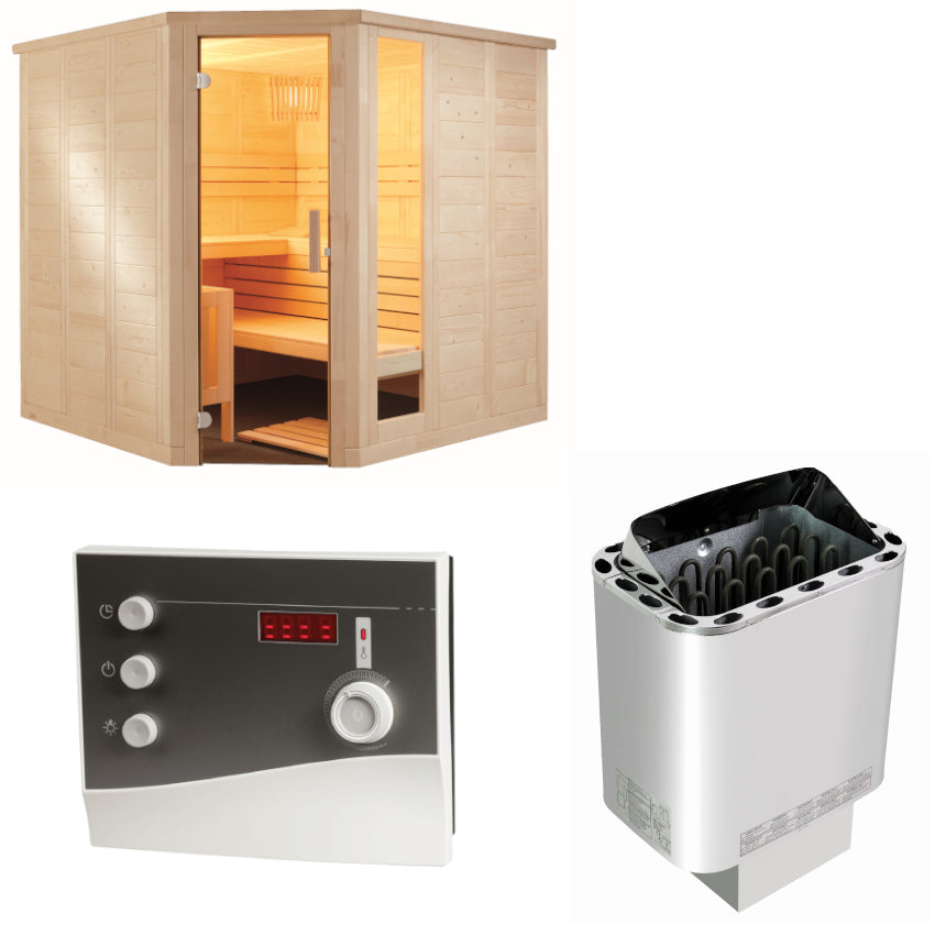 Sentiotec Sauna Set Komfort Corner Large mit Saunaofen Nordex Next und Steuerung K2-Next | klimaworld.com