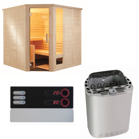 Sentiotec Sauna Set Komfort Corner Large mit Saunaofen Scandia Next Combi und Steuerung Pro B3 | klimaworld.com