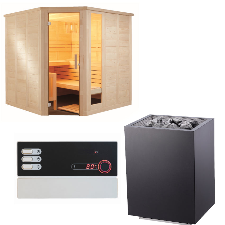 Sentiotec Sauna Set Komfort Corner Large mit Saunaofen Home FIN und Steuerung Pro B2 | klimaworld.com