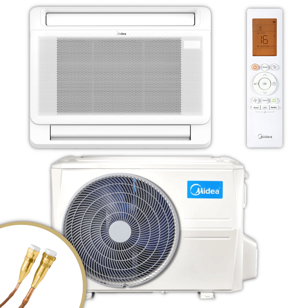 Weisses MIDEA Split Klimaanlagen Truhen-Set mit Innen- und Aussengeraet sowie Infrarotfernbedienung mit Display Beispiel 16 °C | klimaworld.com