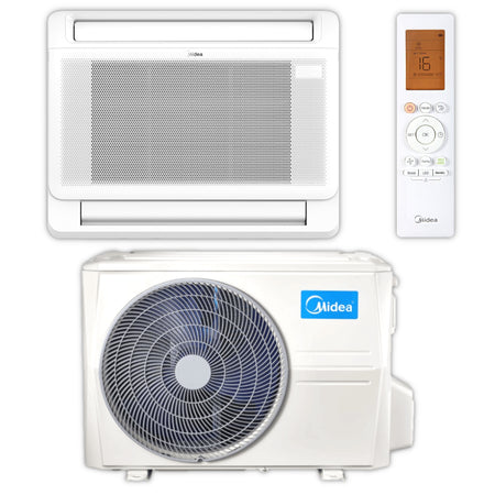 Weisses MIDEA Split Klimaanlagen Truhen-Set mit Innen- und Aussengeraet sowie Infrarotfernbedienung mit Display Beispiel 16 °C | klimaworld.com