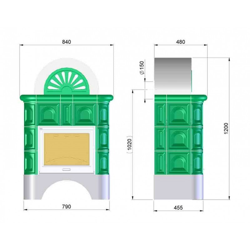 KRETZ | Kachelofen MORAVA | türkis | mit Kamineinsatz L 53 | 7 kW - technische Zeichnung