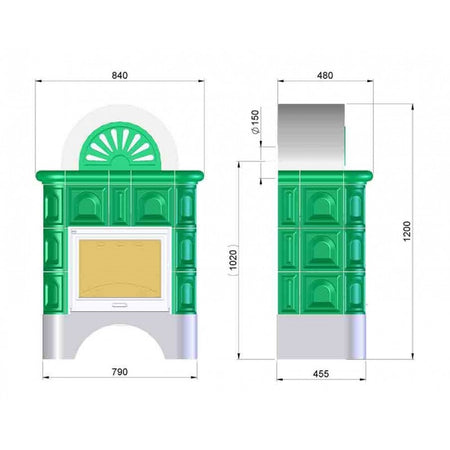 KRETZ | Kachelofen MORAVA | türkis | mit Kamineinsatz L 53 | 7 kW - technische Zeichnung