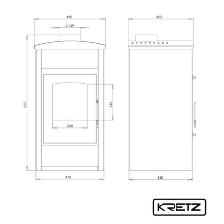 technische Zeichnung - KRETZ | Kaminofen NIKA 603 | gerade Scheibe | 8 kW 