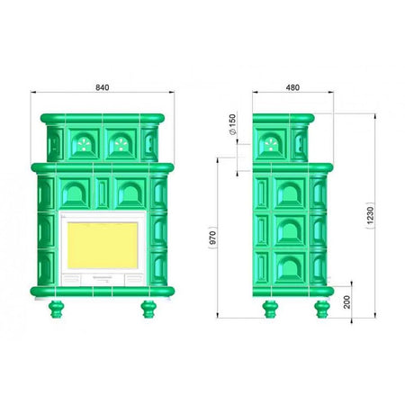 KRETZ | Kachelofen POEZIE | grün | mit Kamineinsatz L 503 | 7 kW  - technische Zeichnung