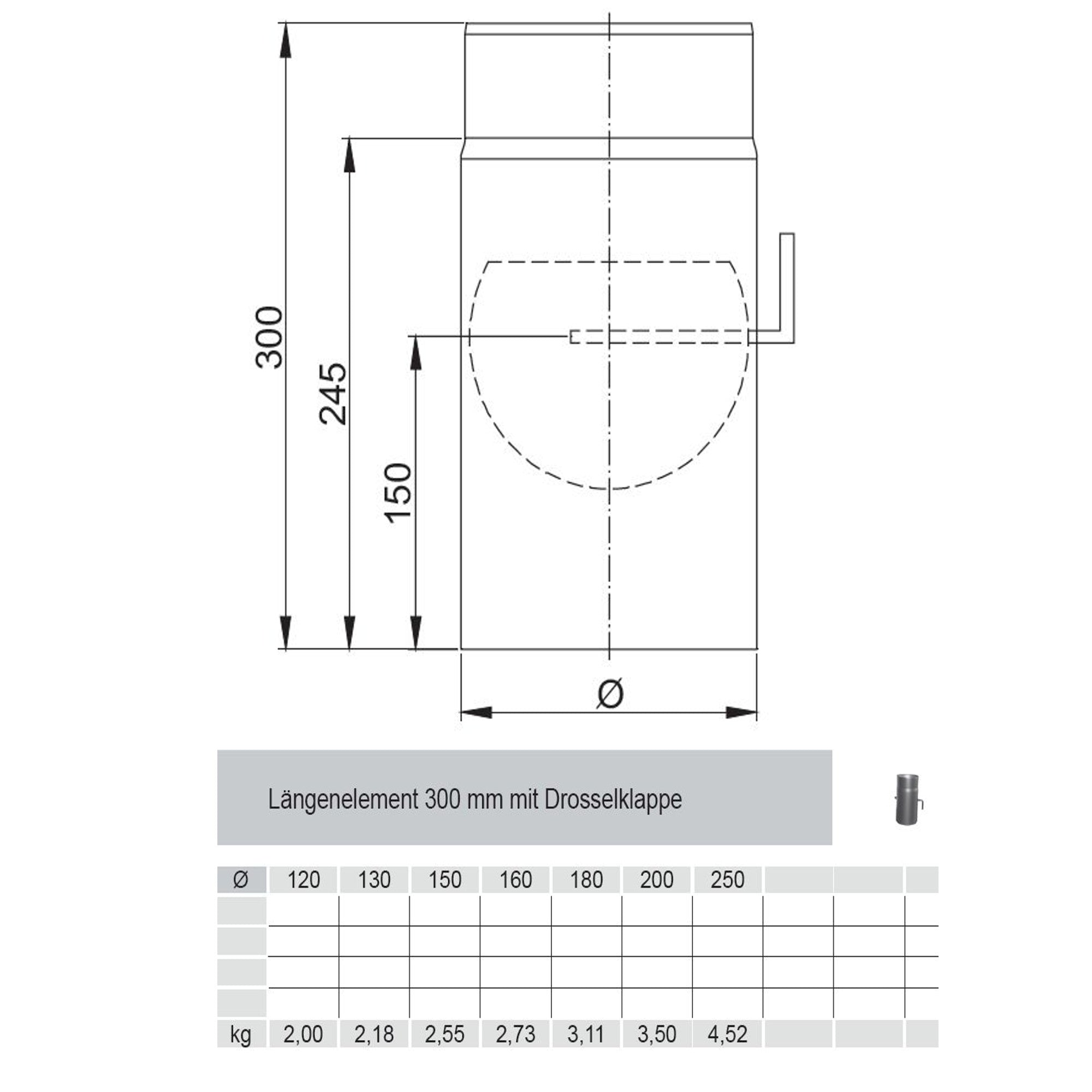 Längenelement 300mm Durchmesser 120mm mit Drosselklappe- Maße