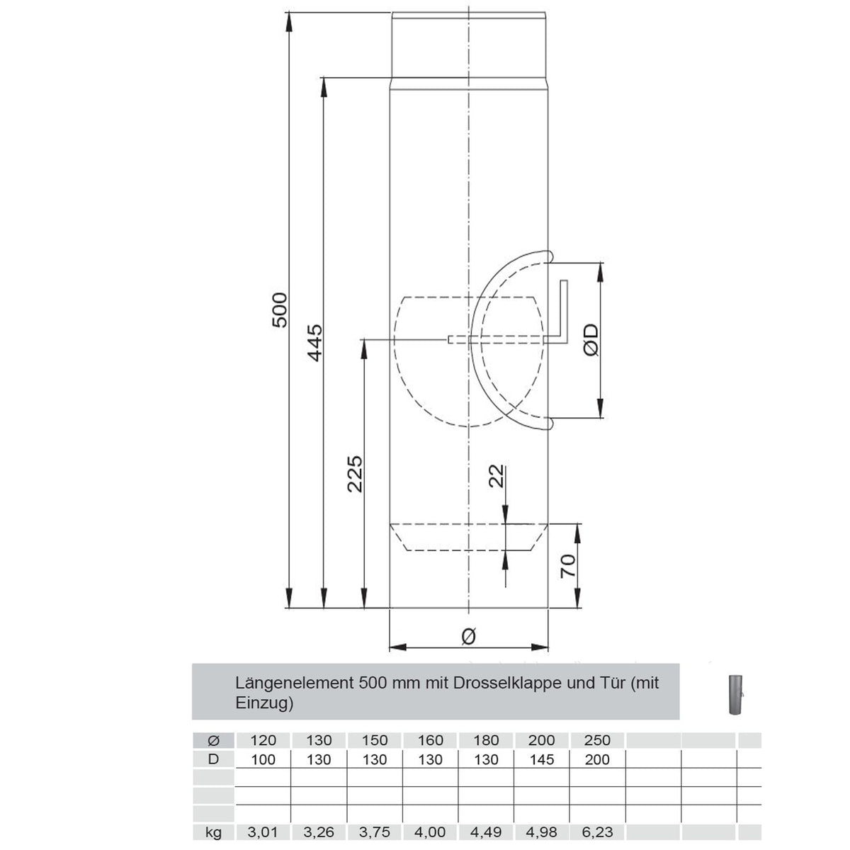 Längenelement 500mm Durchmesser 120mm mit Drosselklappe und Tür - MAßE- mit Einzug