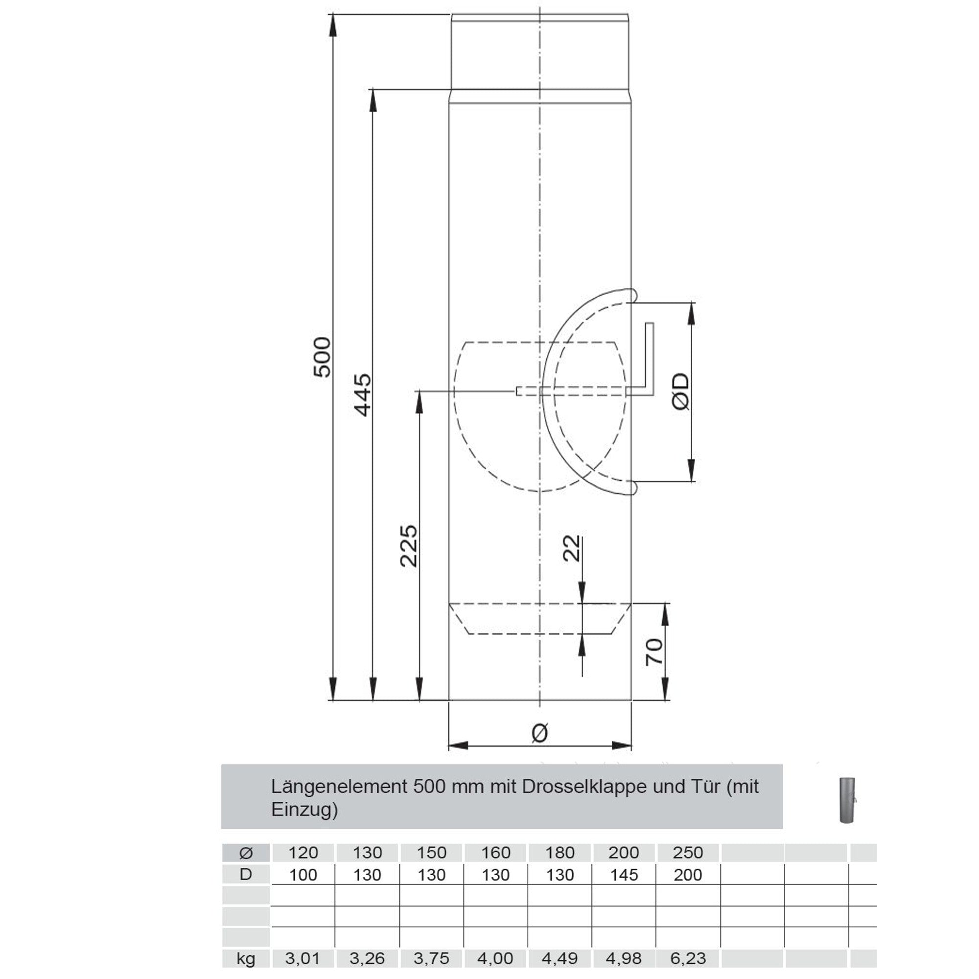 Längenelement 500mm Durchmesser 120mm mit Drosselklappe und Tür - MAßE- mit Einzug
