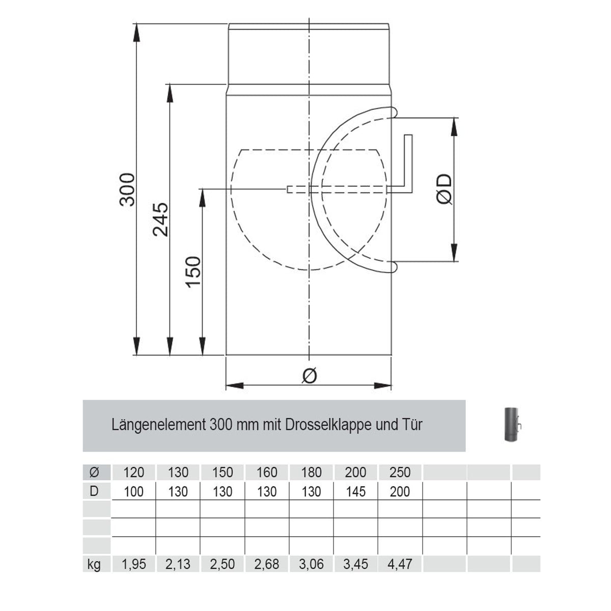 Längenelement 300mm FERRO Durchmesser 120mm mit Drosselklappe und Tür - Maße