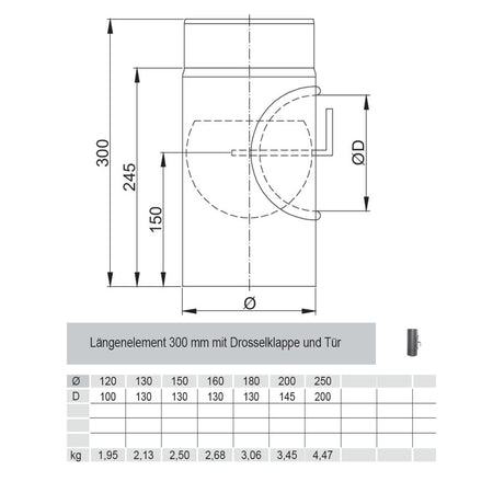 Längenelement 300mm FERRO Durchmesser 120mm mit Drosselklappe und Tür - Maße