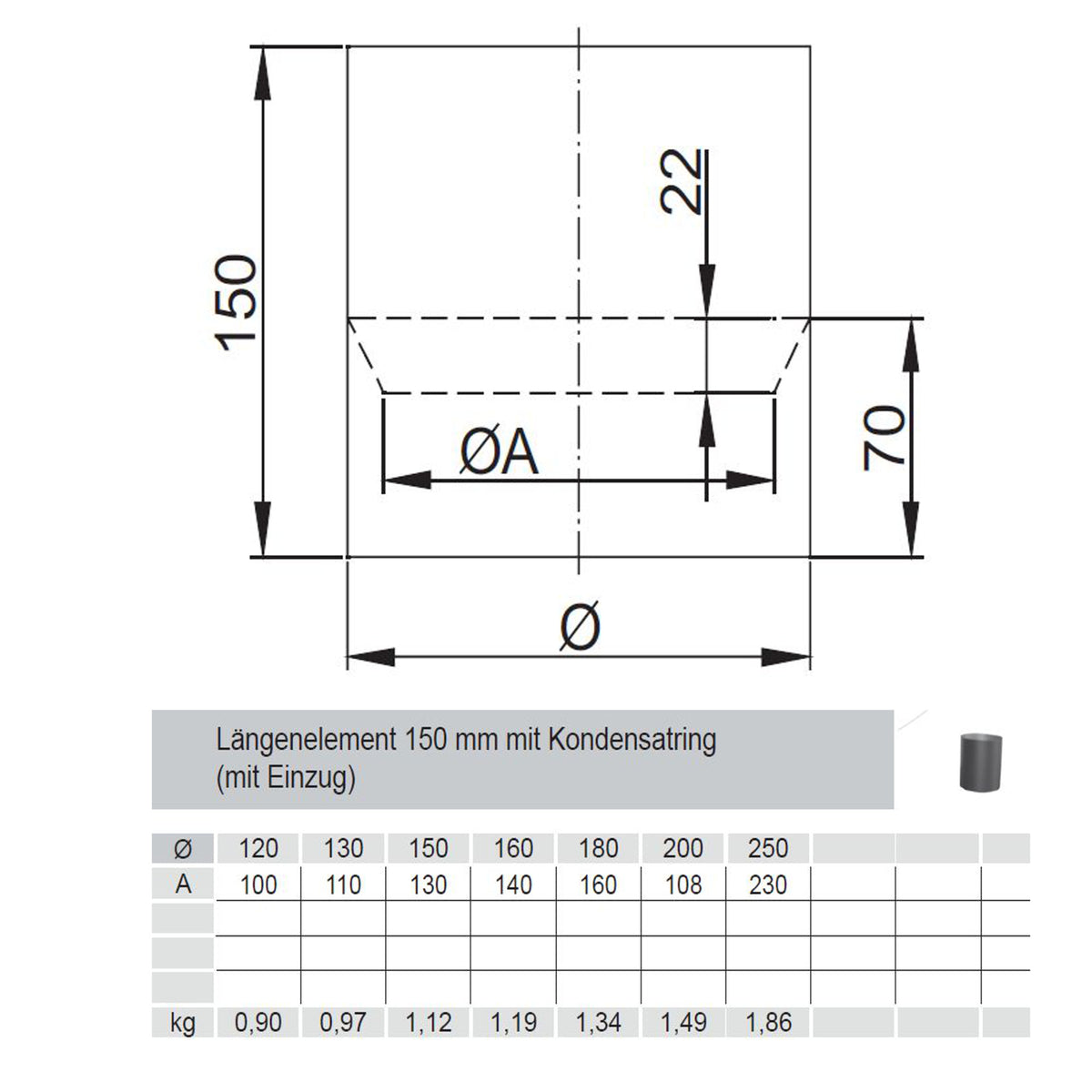 Längenelement 150mm Durchmesser 120mm mit Kondensatring ( mit Einzug )