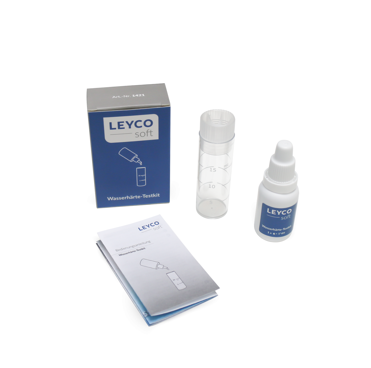 LEYCOsoft | Wasserhärte-Testkit mit Verpackung, Bedienungsanleitung, Messbecher und Fläschchen