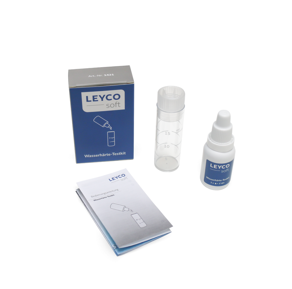 LEYCOsoft | Wasserhärte-Testkit mit Verpackung, Bedienungsanleitung, Messbecher und Fläschchen
