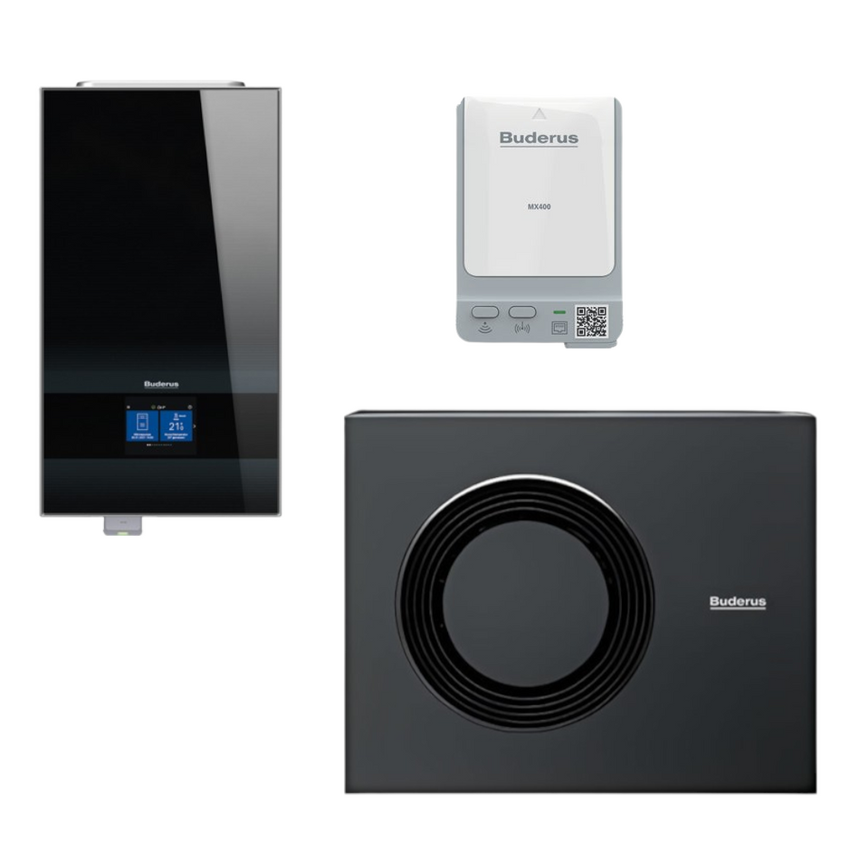 Buderus Waermepumpen-Set Logatherm M WLW186i-12 AR E | Innengeraet in Schwarz, Aussengeraet und Funkmodul | klimaworld.com
