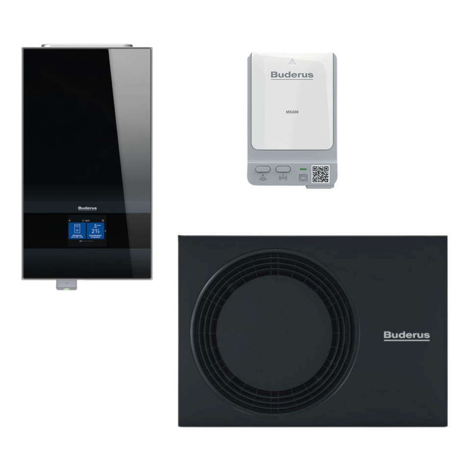 Buderus Waermepumpen-Set Logatherm M WLW186i-5 AR E | Innengeraet in Schwarz, Aussengeraet und Funkmodul | klimaworld.com