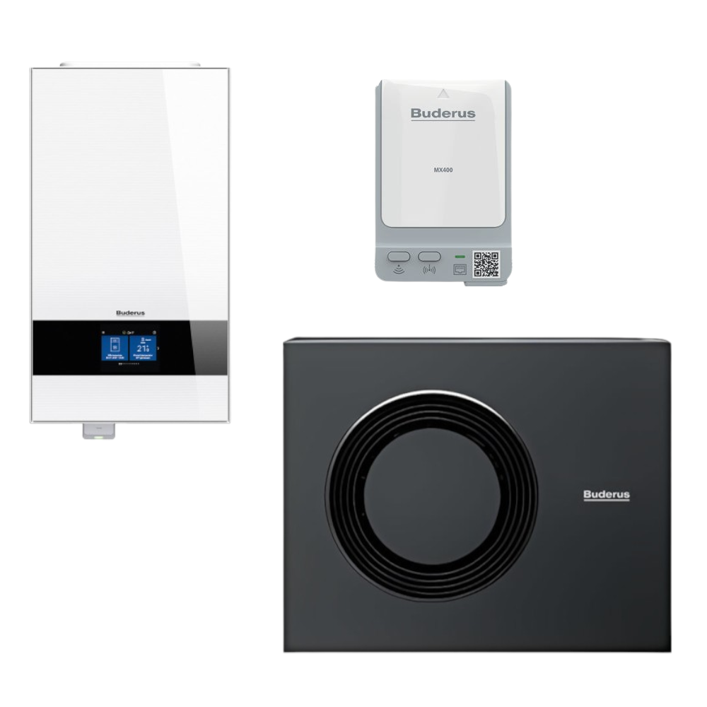 Buderus Waermepumpen-Set Logatherm M WLW186i-12 AR E W | Innengeraet in Weiss, Aussengeraet und Funkmodul | klimaworld.com