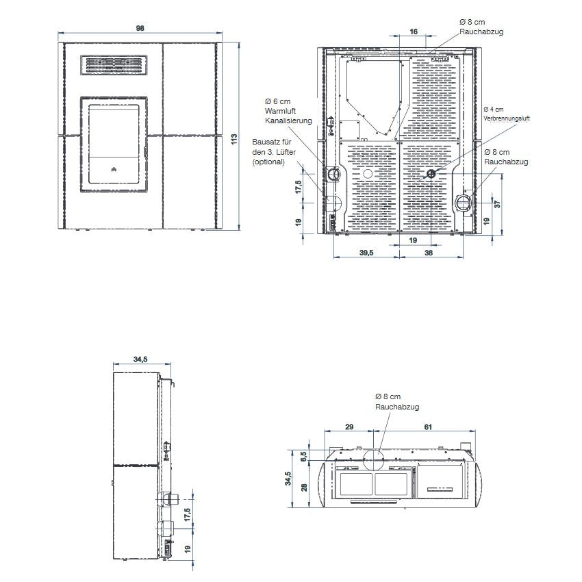 Edilkamin Pelletofen wasserführend Blade H22 Maße