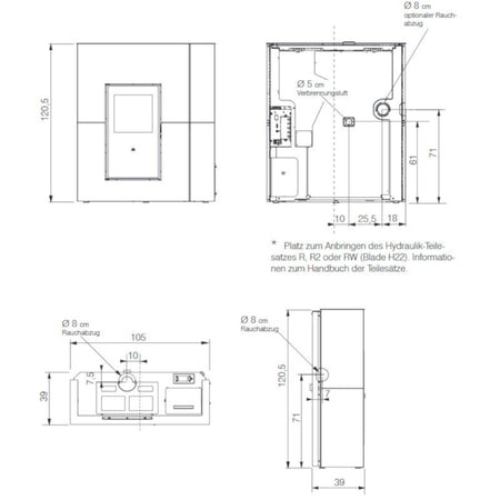 Edilkamin Pelletofen wasserführend Blade H eKleaner Maße