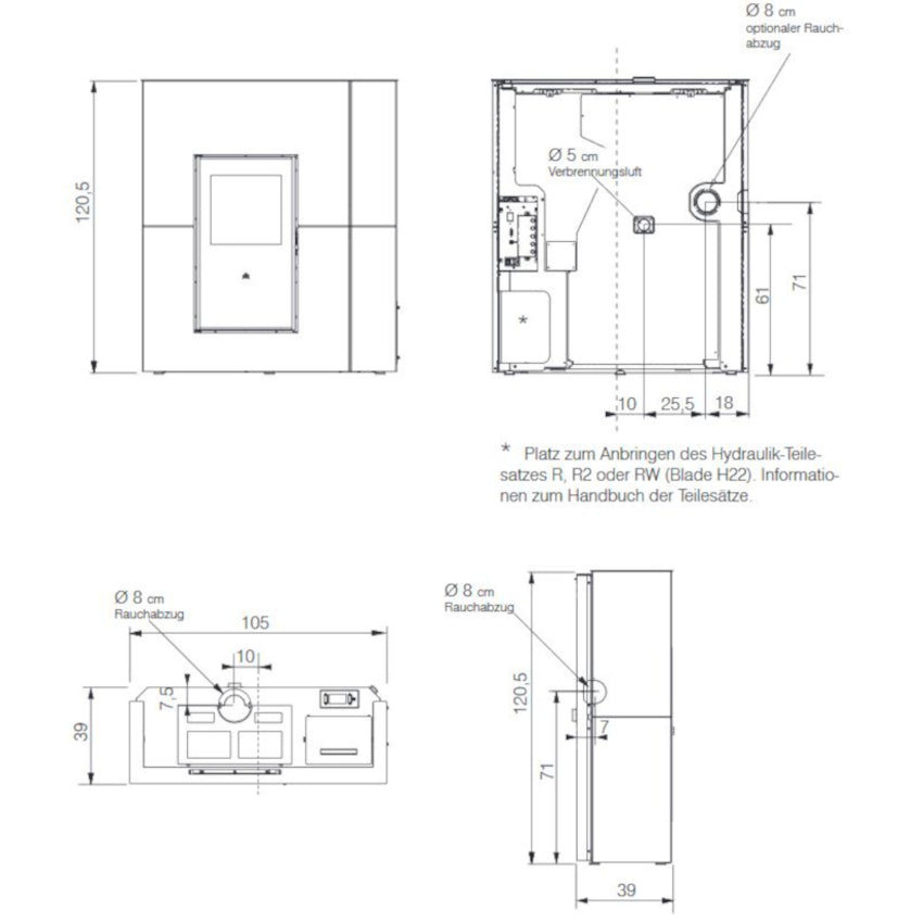 Edilkamin Pelletofen wasserführend Blade H22 eKleaner Maße