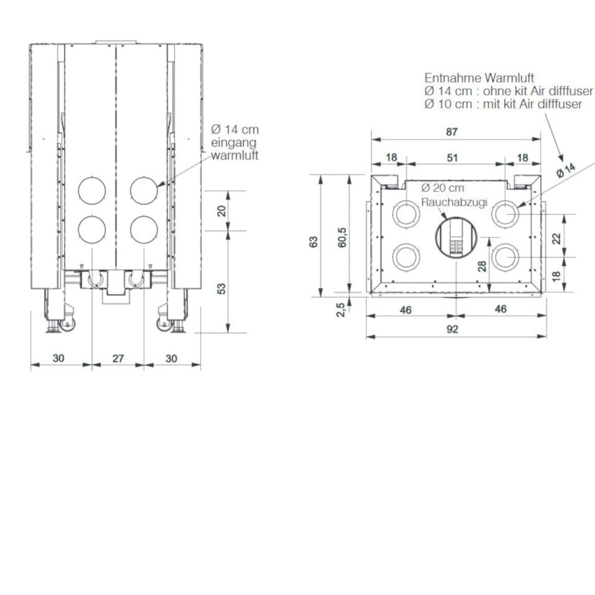 Edilkamin Kamineinsatz Windo3 85 Maße seite, oben