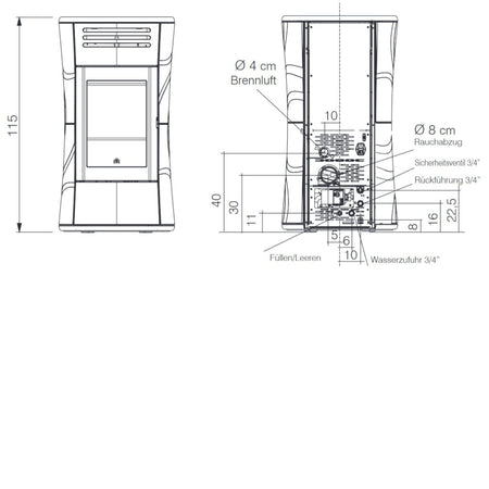 Edilkamin Pelletofen wasserführend BAFA Cherie Up H Maße vorne/hinten