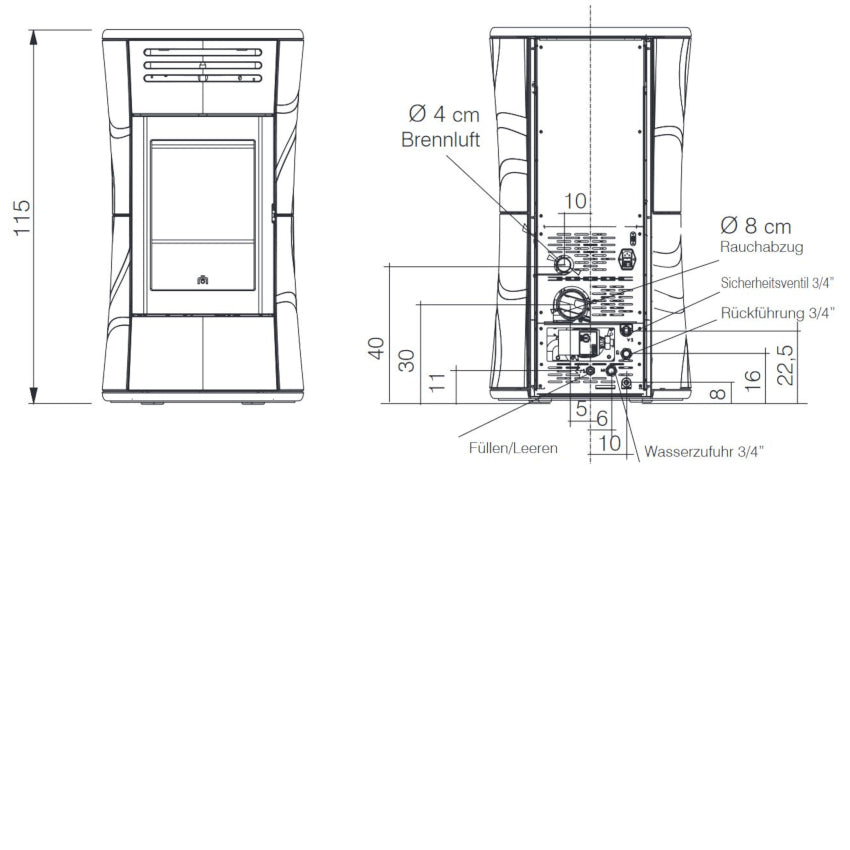 Edilkamin Pelletofen Cherie Up H Maße vorne/hinten