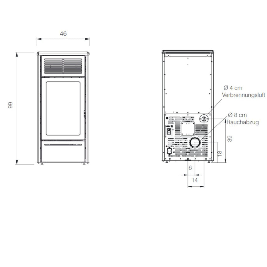 Edilkamin Pelletofen Nara2 Maße vorne/hinten