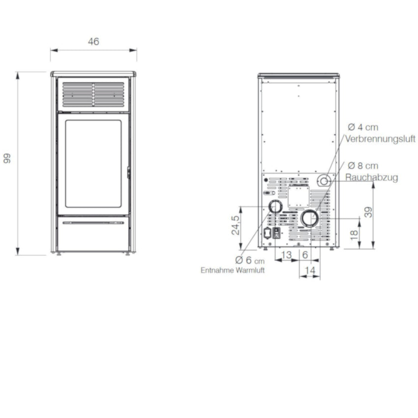 Edilkamin Pelletofen Nara2 Plus Maße vorne/hinten