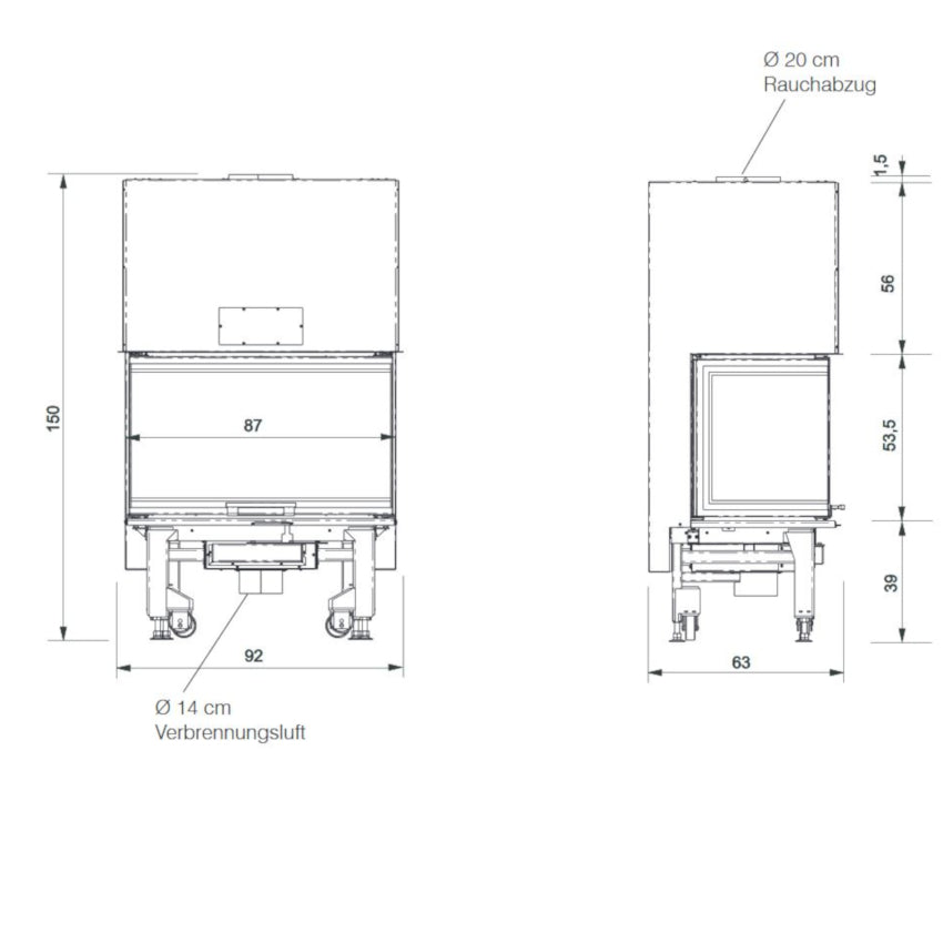 Edilkamin Kamineinsatz Windo3 85 Maße vorne, seite