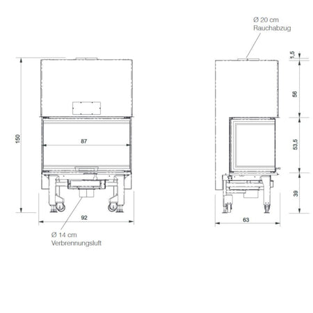 Edilkamin Kamineinsatz Windo3 85 Maße vorne, seite