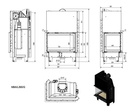 Warmluftkamineinsatz Kratki MBA/G 17,hochschiebbare Tür, links 17kW